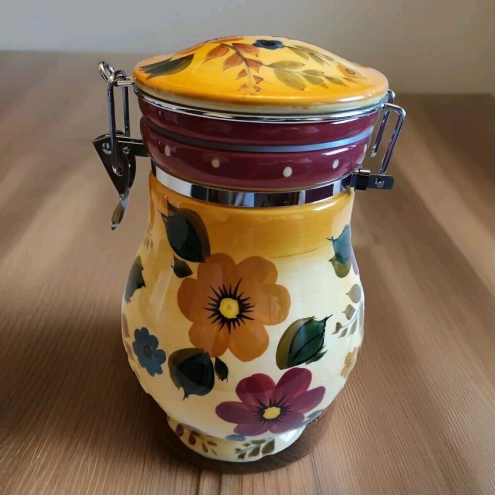 VTG Oneida Sunset Bouquet Canister attached Hinged Lid Rubber Seal Hand Painted